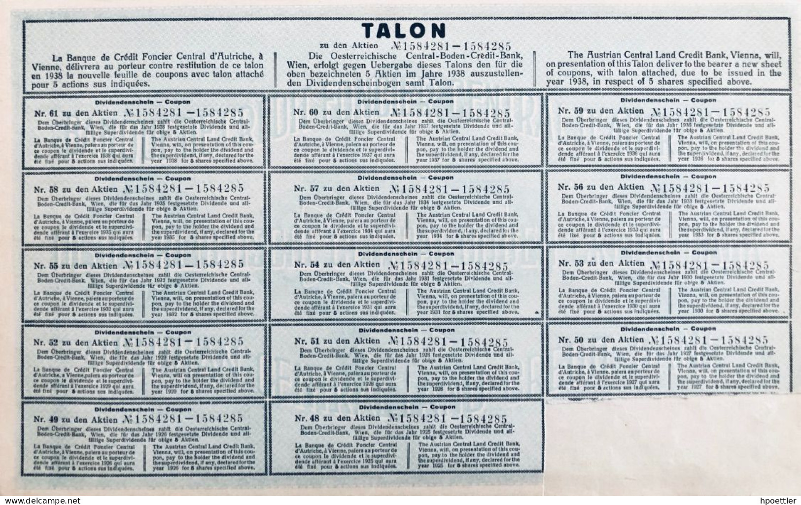 Vienne 1924: Banque De Credit Foncier Central D'Autriche - Cinq Actions  - V. Emission - Bank En Verzekering