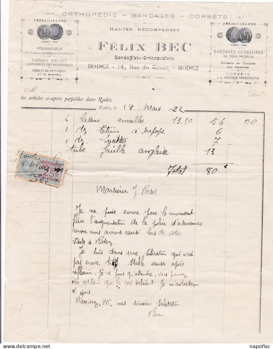 12-F.Bec..Orthopédie, Bandages, Corsets....Rodez..(Aveyron)...1922 - Autres & Non Classés