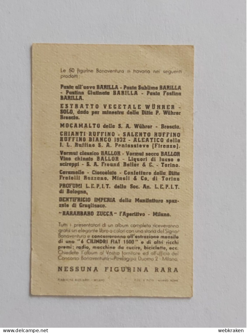 FIGURINA BONAVENTURA NR. 19 FIRMATA STO CONCORSO A PREMI 1937 - Adesivi