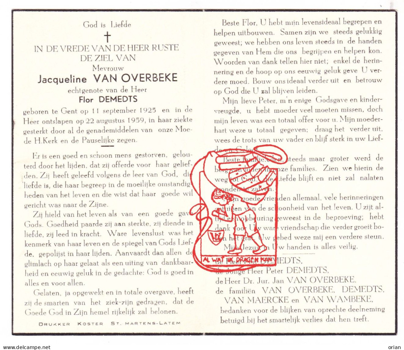 DP Jacqueline Van Overbeke 43j. ° Gent 1925 † 1959 X Flor Demedts // Van Maercke Van Wambeke - Devotieprenten