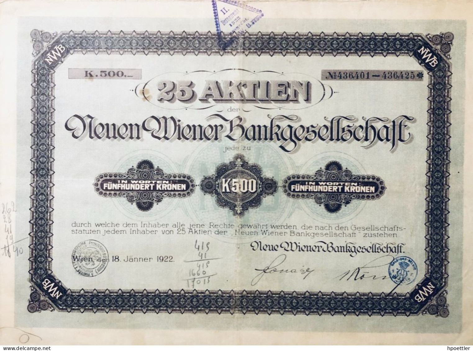 Vienne 1922: Banque De Credit Foncier Central D'Autriche - Vingt-cinq Actions - Banca & Assicurazione