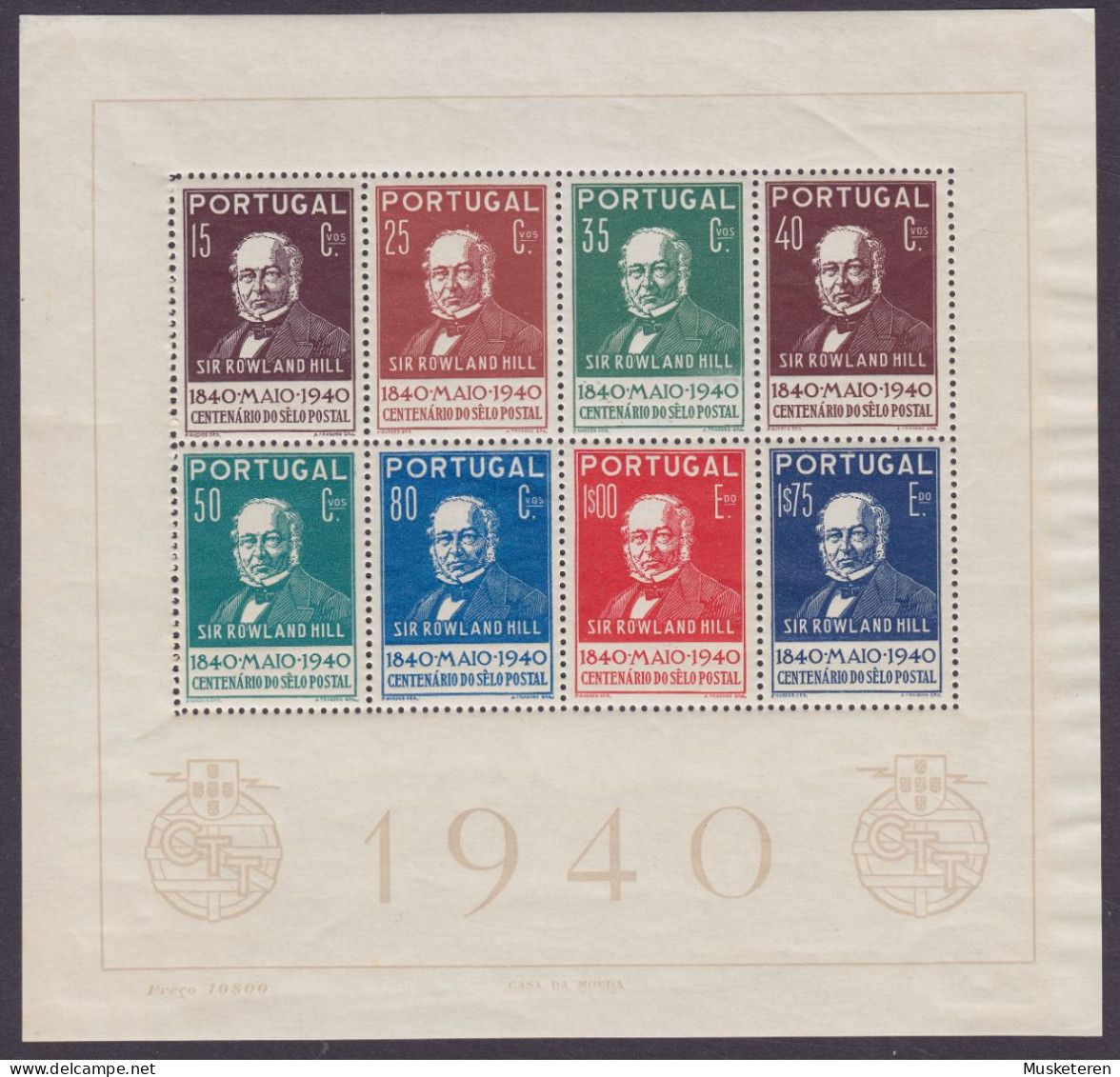 Portugal 1941 Mi. Block 3, Miniature Sheet 100 Jahre Briefmarken Sir Rowland Hill Stamp Centenary, MH* (2 Scans) - Blocchi & Foglietti