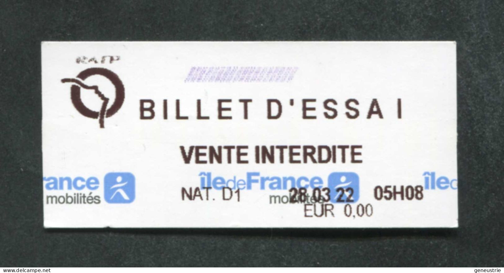 Ticket De Train Ou Métro Ile-de-France Mobilité - SNCF "Billet D'Essai" 28/03/2022 Billet DeTrain - Paris - Europa