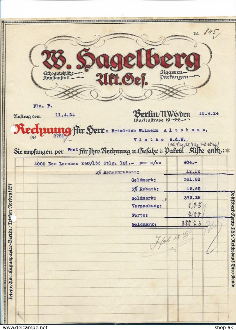 C4658/ Rechnung W. Hagelberg Berlin, Marienstraße  Zigarren-Packungen 1924 - Otros & Sin Clasificación