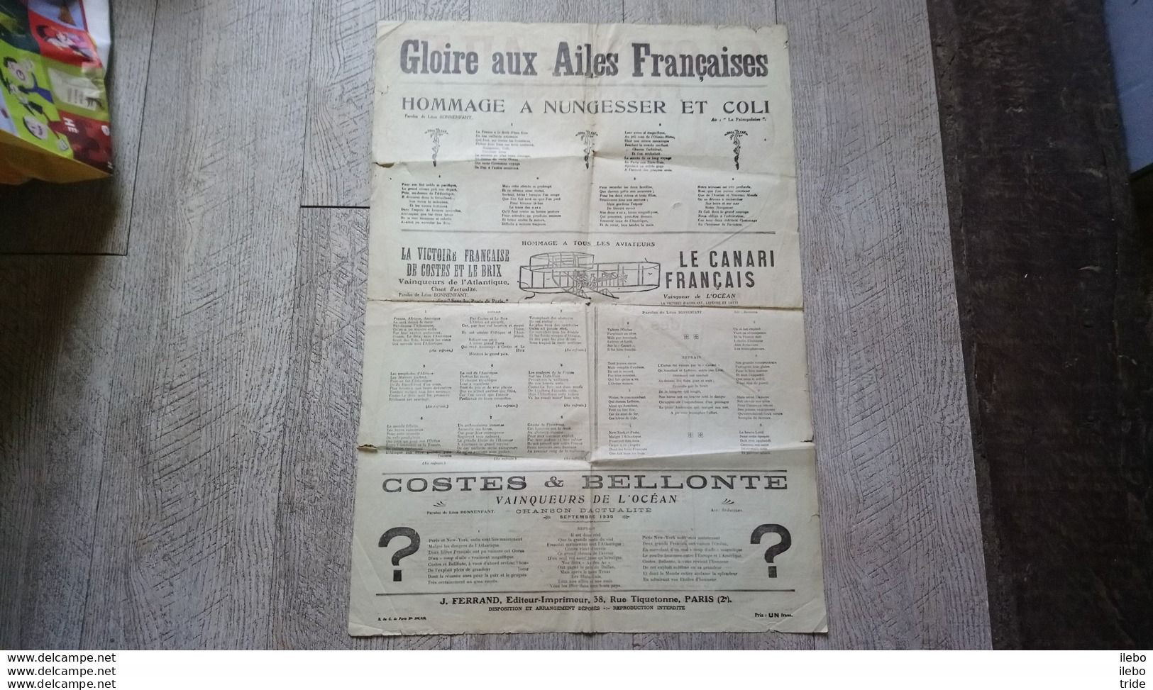 Lot Gloire Aux Ailes Françaises Hommage à Nungesser Et Coli L'avion Blanc Aviation Rare Aviateur Costes Bellonte - Scores & Partitions