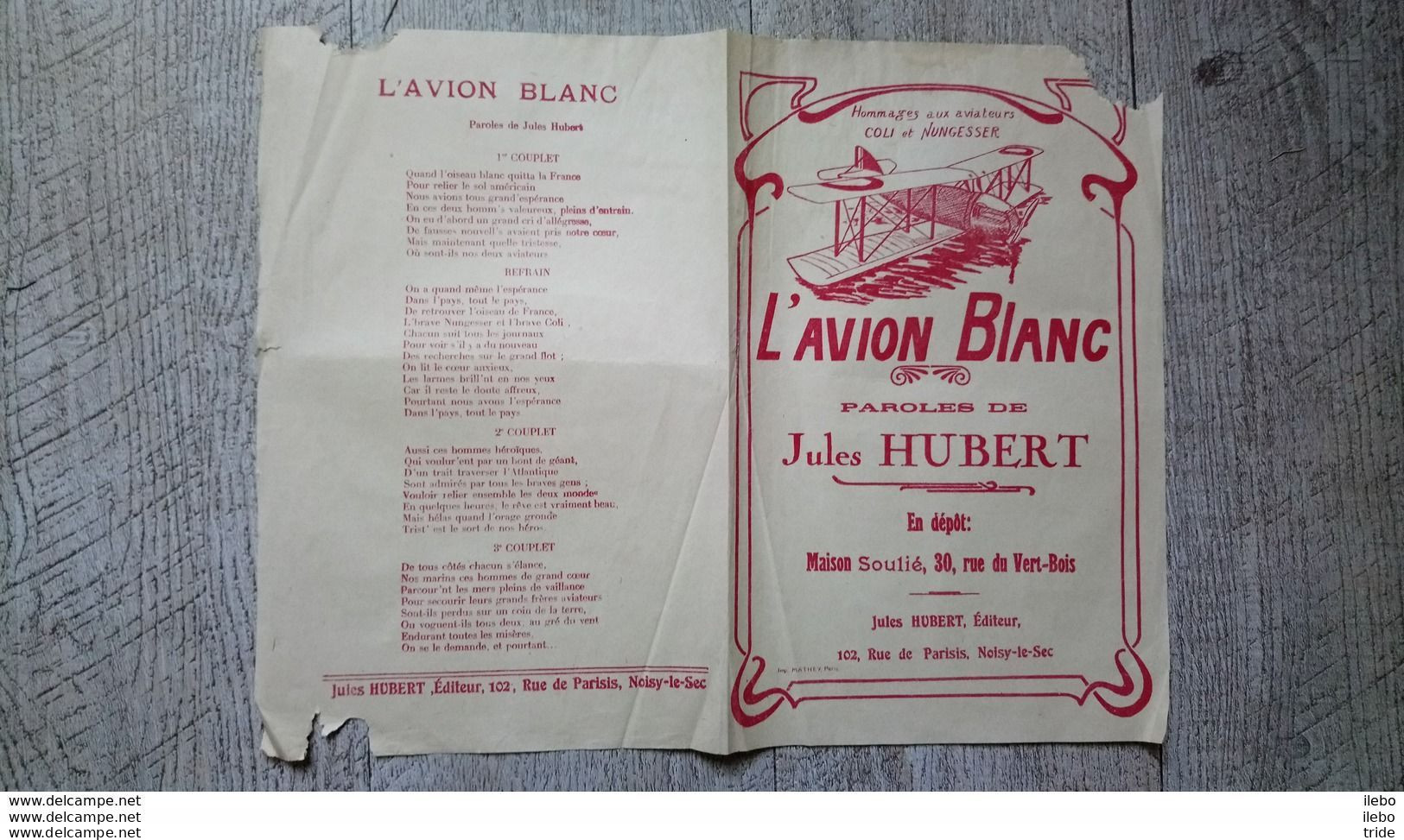 Lot Gloire Aux Ailes Françaises Hommage à Nungesser Et Coli L'avion Blanc Aviation Rare Aviateur Costes Bellonte - Scores & Partitions