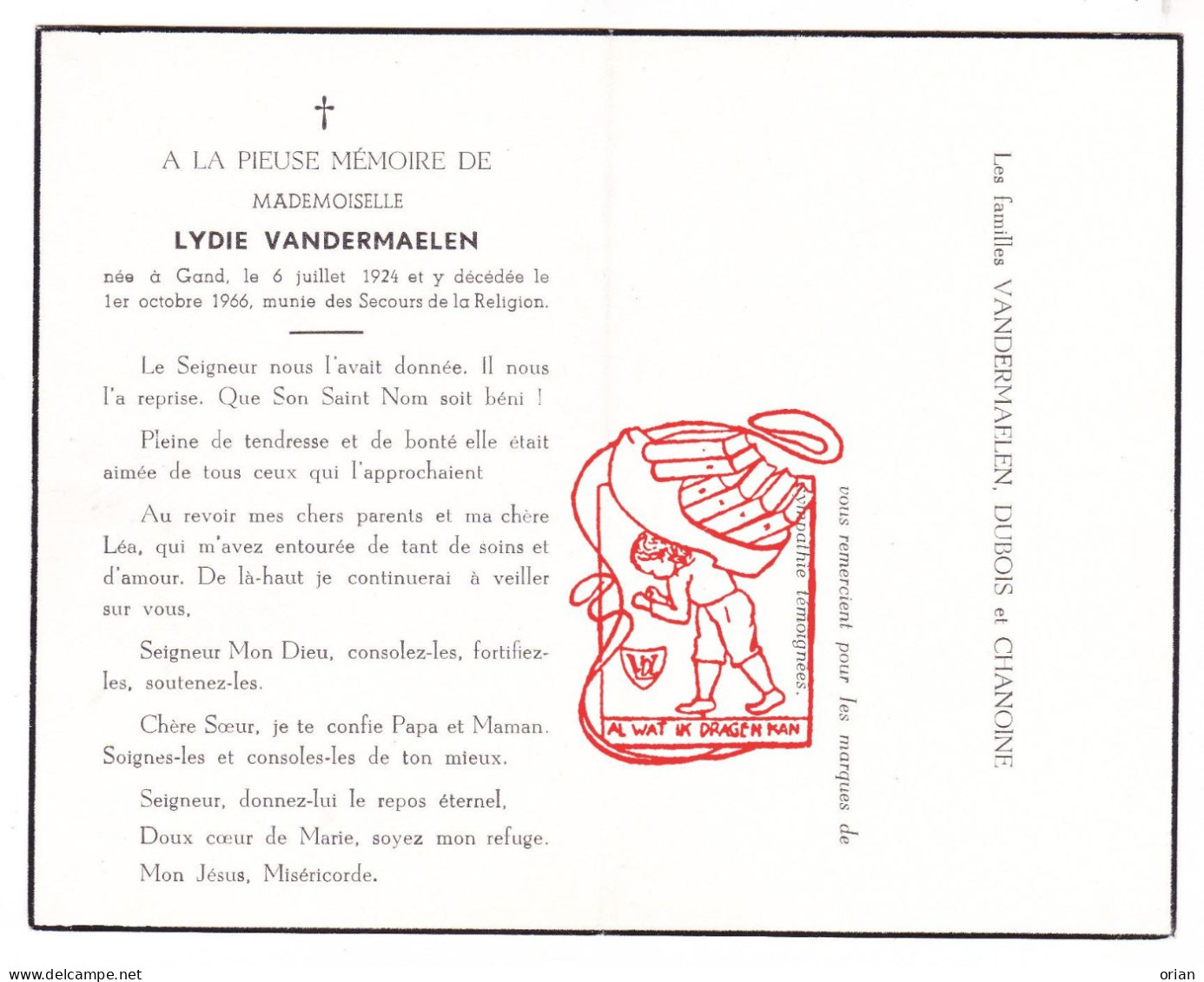 DP Juff. Lydie Vandermaelen 42j. ° Gent 1924 † 1966 Dubois Chanoine - Images Religieuses