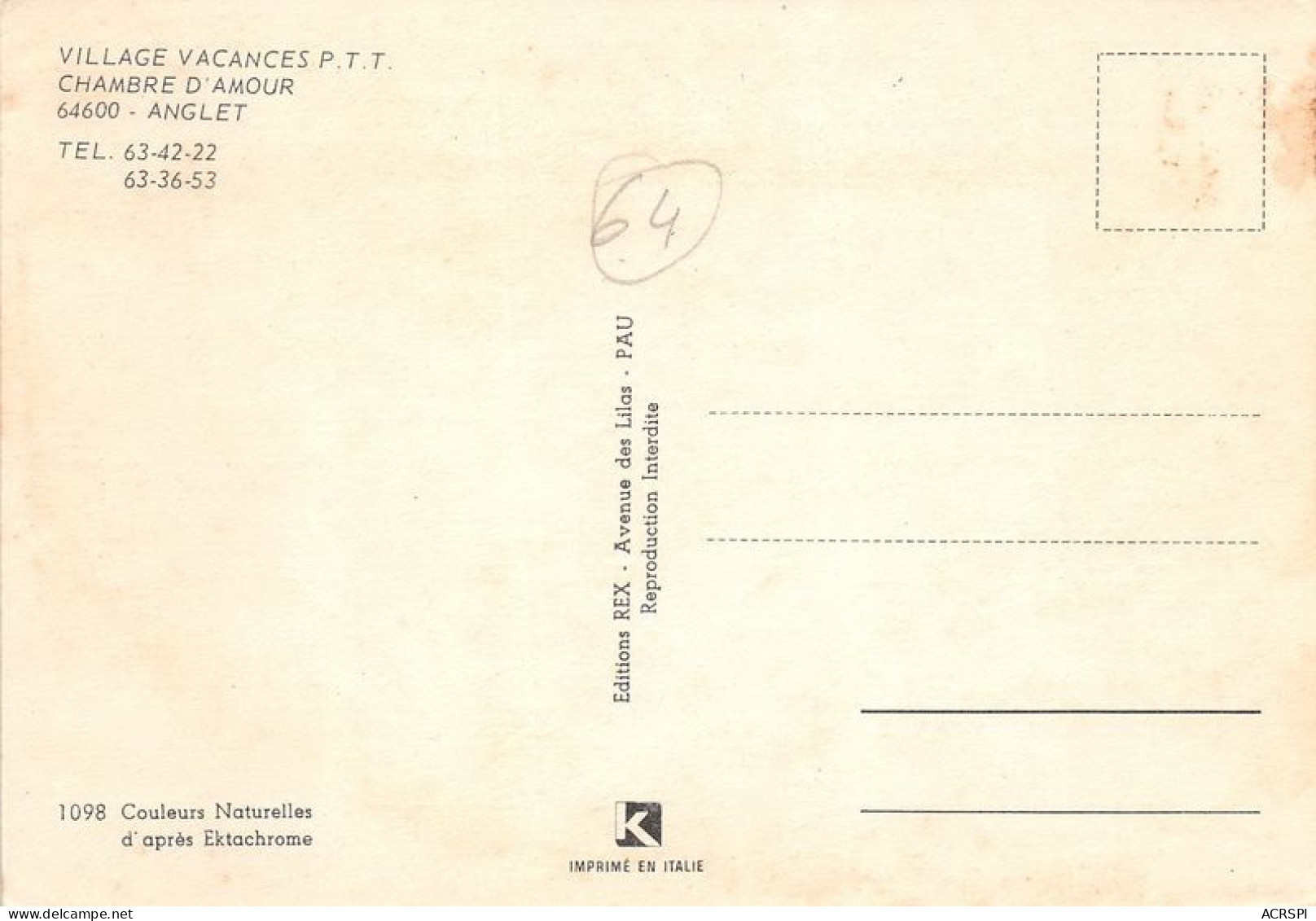 Village Vacances PTT Chambre D Amour ANGLET 5(scan Recto-verso) MA1777 - Anglet