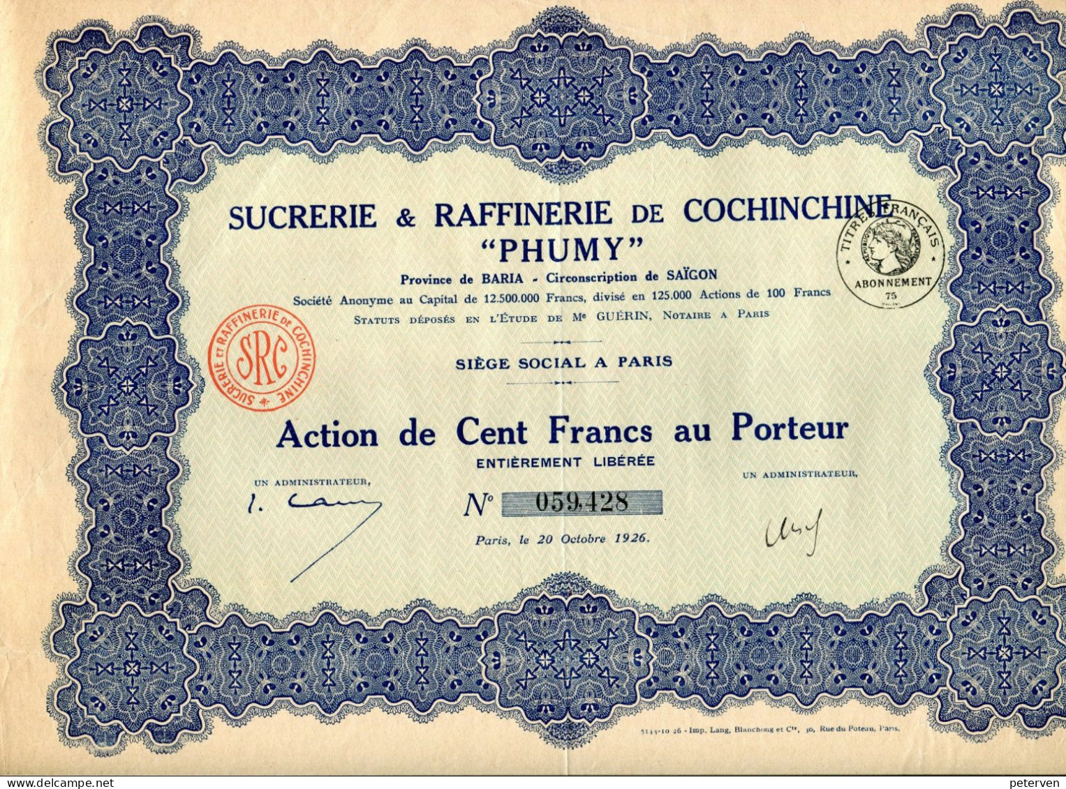 "PHUMY" - Sucrerie & Raffinerie De Cochinchine; Action - Landbouw
