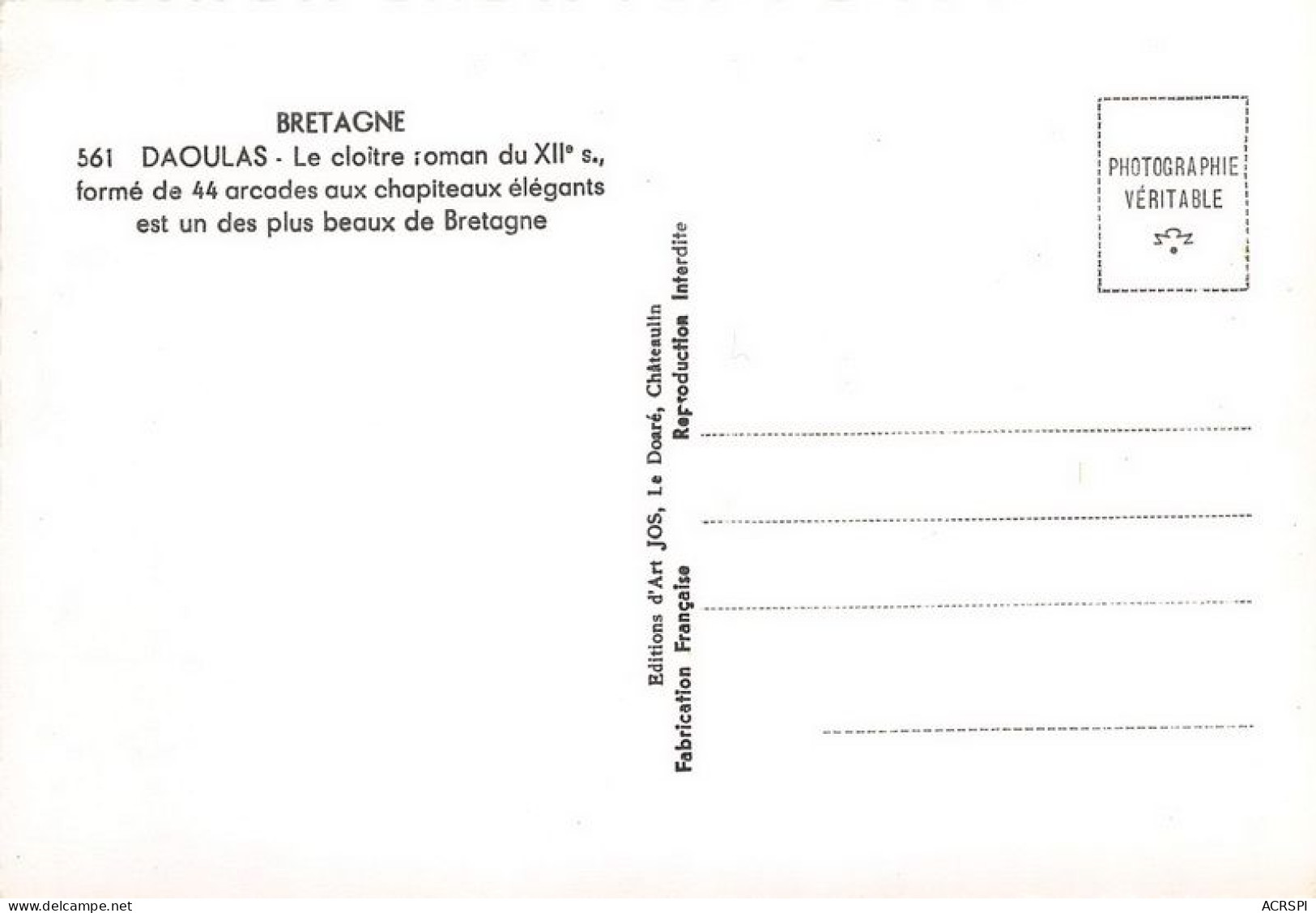 DAOULAS Le Cloitre Roman Du XIIe S Forme De 44 Arcades Aux Chapiteaux Elegants 8(scan Recto-verso) MA1785 - Daoulas