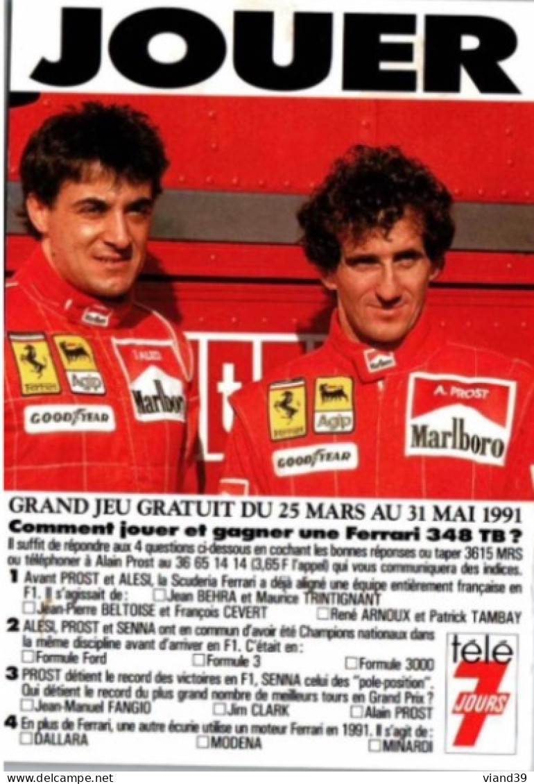 Alain PROST Et Jean ALESI.  Carte Jeu Télé 7 Jours.   FERRARI. 1991 - Grand Prix / F1