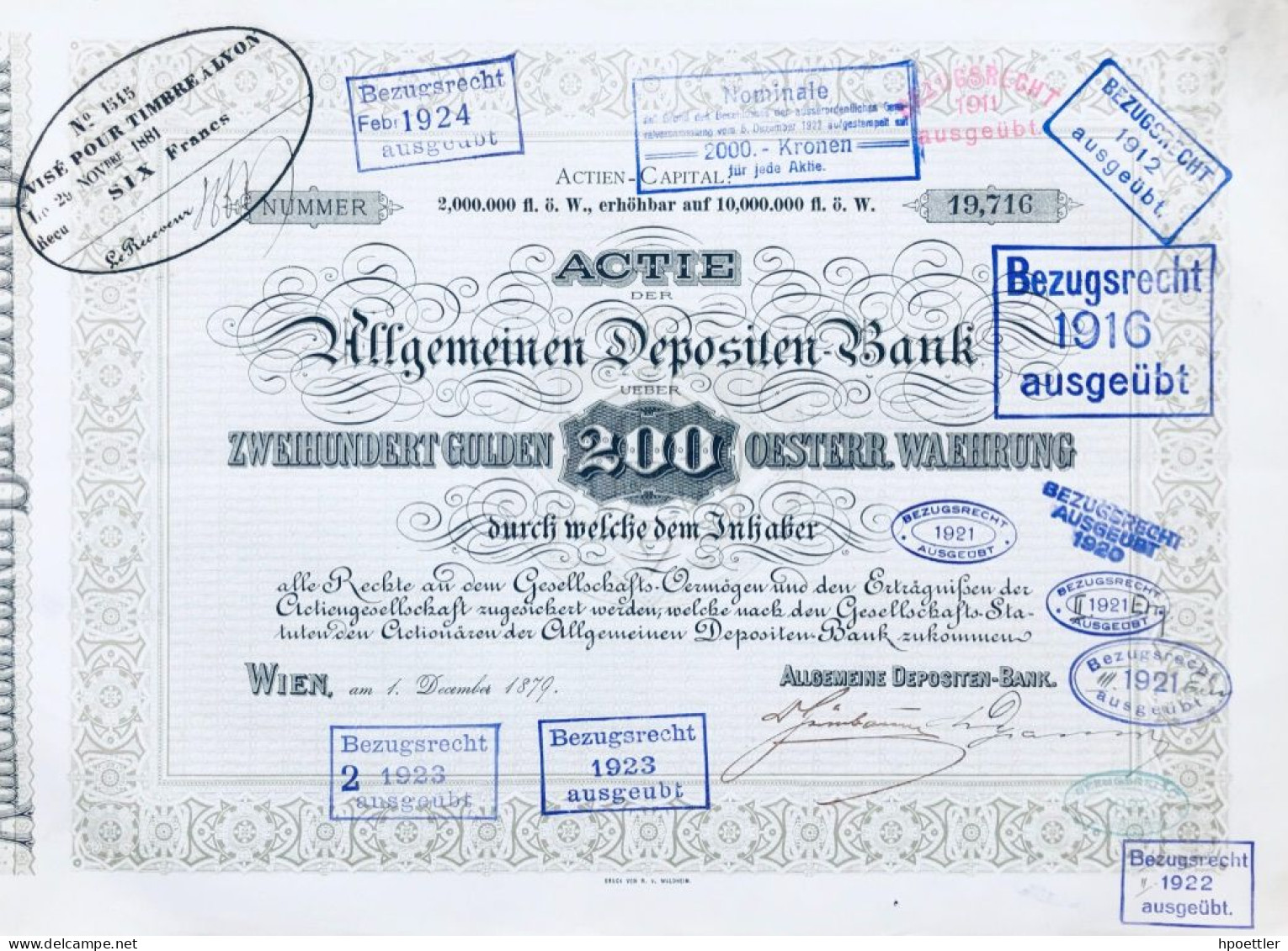 Vienne 1879: Part De La Banque De Dépôt Générale - 200 Florins - Bank En Verzekering