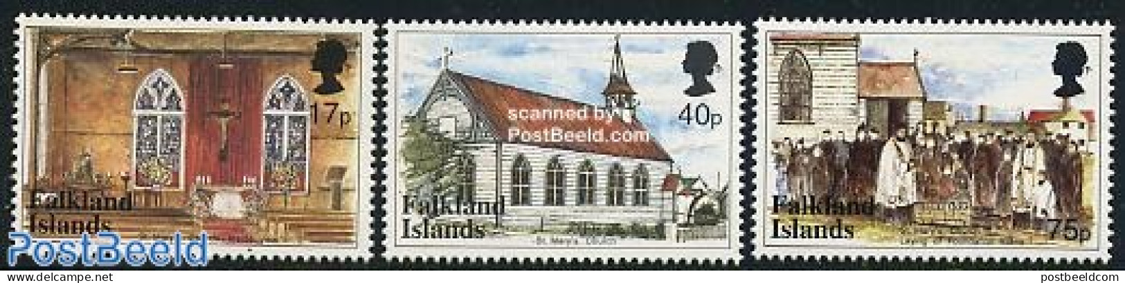Falkland Islands 1999 Port Stanley Church 3v, Mint NH, Religion - Churches, Temples, Mosques, Synagogues - Eglises Et Cathédrales