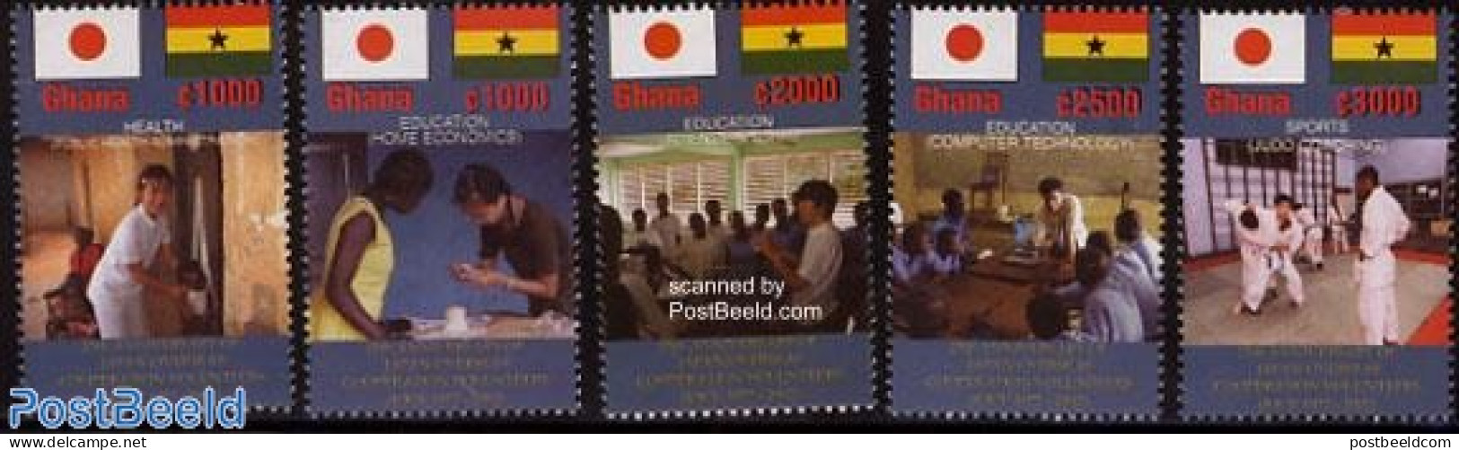 Ghana 2002 Japanese Education 5v, Mint NH, Health - Science - Sport - Health - Computers & IT - Education - Judo - Informatica