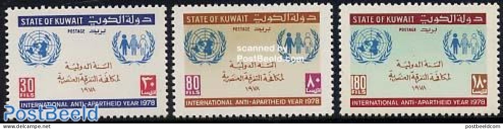 Kuwait 1978 Anti Apartheid 3v, Mint NH, History - Anti Racism - United Nations - Ohne Zuordnung