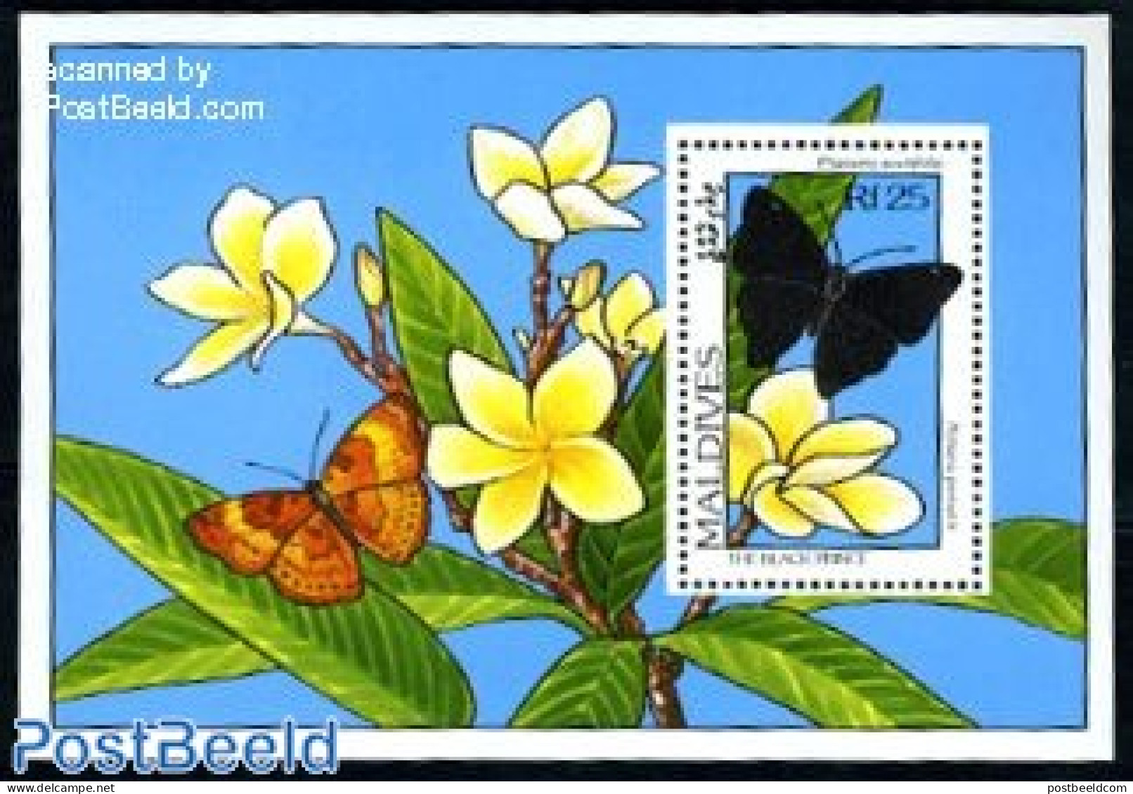 Maldives 1993 Butterflies & Flowers S/s, Rohana Parisatis, Mint NH, Nature - Butterflies - Flowers & Plants - Malediven (1965-...)