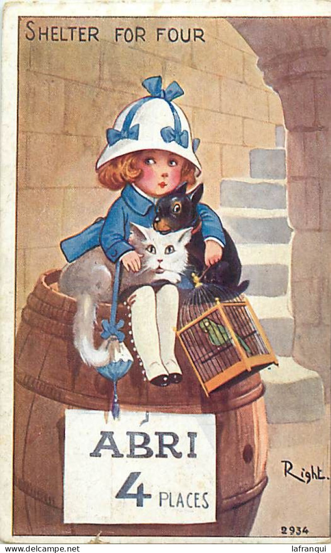 Themes Div-ref VV619-illustrateurs -illustrateur Right -enfants -guerre 1914-18-enfants- Abri : Chat Chien Et Perroquet- - Right