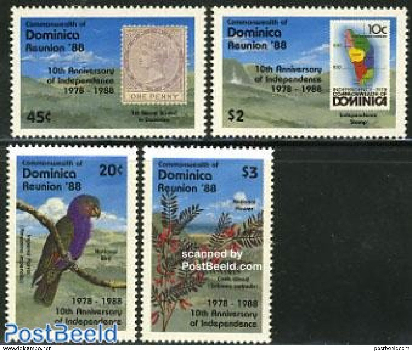 Dominica 1988 Reunion 88 4v, Mint NH, Nature - Various - Birds - Stamps On Stamps - Maps - Francobolli Su Francobolli