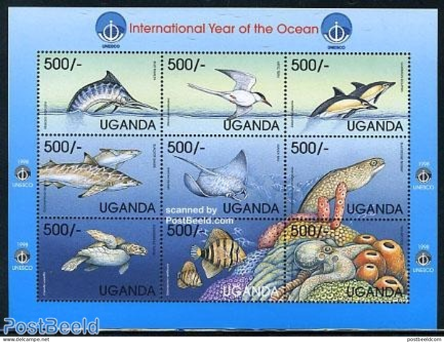 Uganda 1999 Int. Ocean Year 9v M/s, Mint NH, Nature - Birds - Fish - Turtles - Fishes