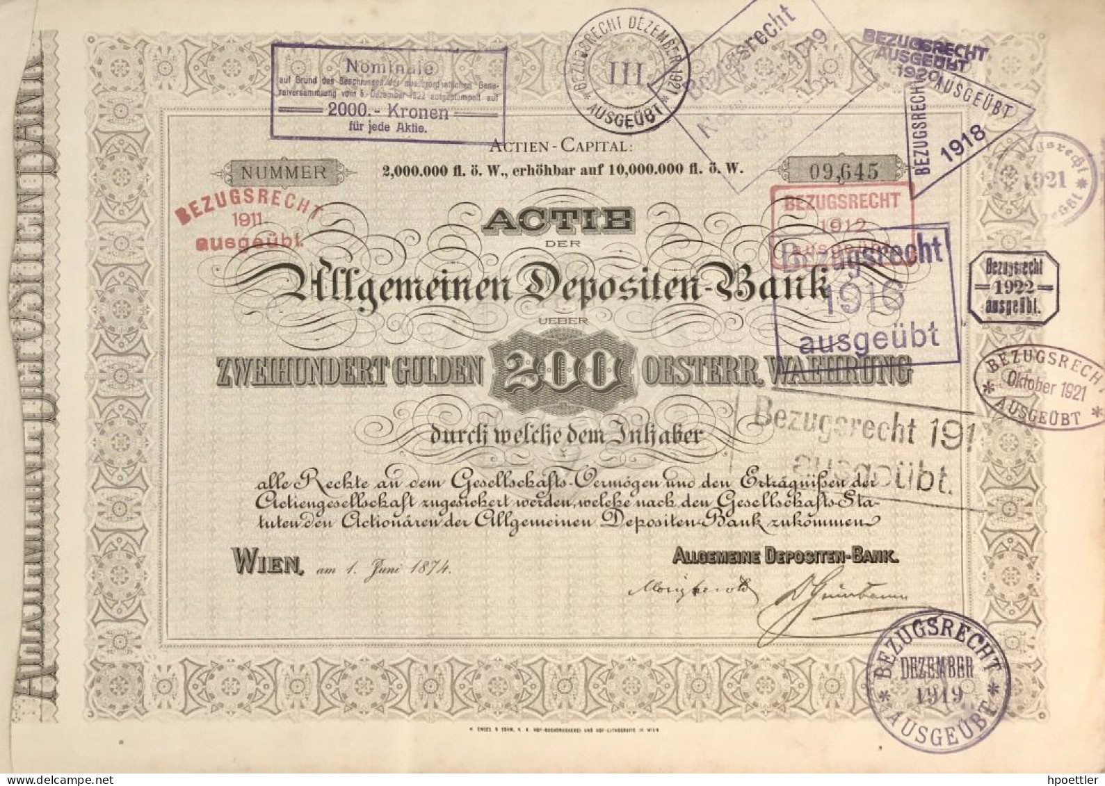 Rare: Vienne 1874: Part De La Banque De Dépôt Générale - 200 Florins - Banca & Assicurazione