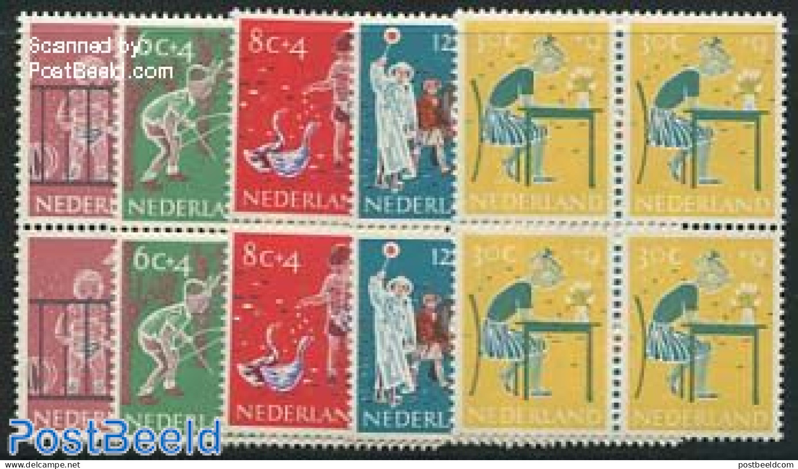 Netherlands 1959 Child Welfare 5v, Blocks Of 4, Mint NH, Nature - Transport - Various - Birds - Traffic Safety - Toys .. - Unused Stamps