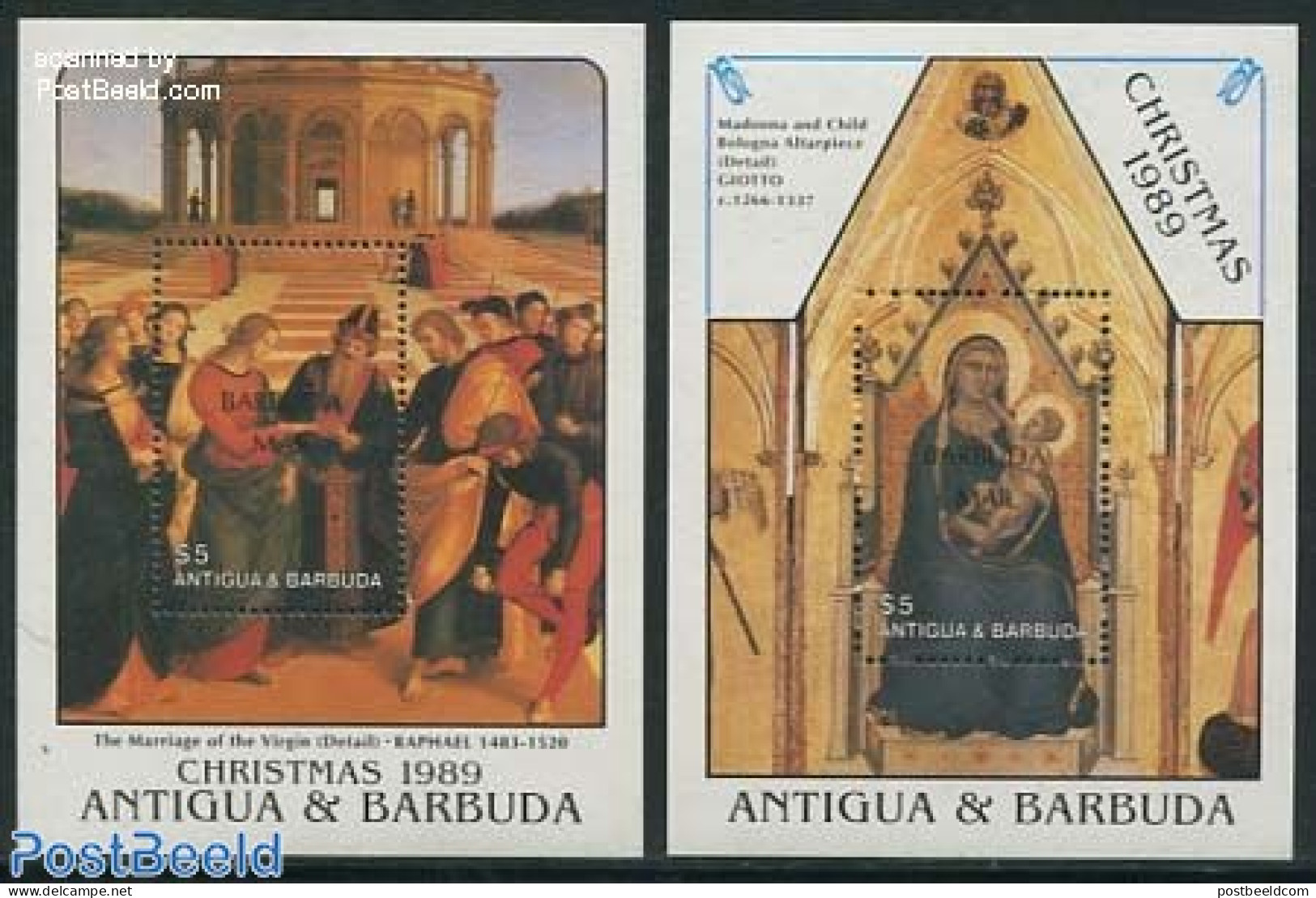 Barbuda 1989 Christmas 2 S/s, Mint NH, Religion - Christmas - Art - Paintings - Weihnachten