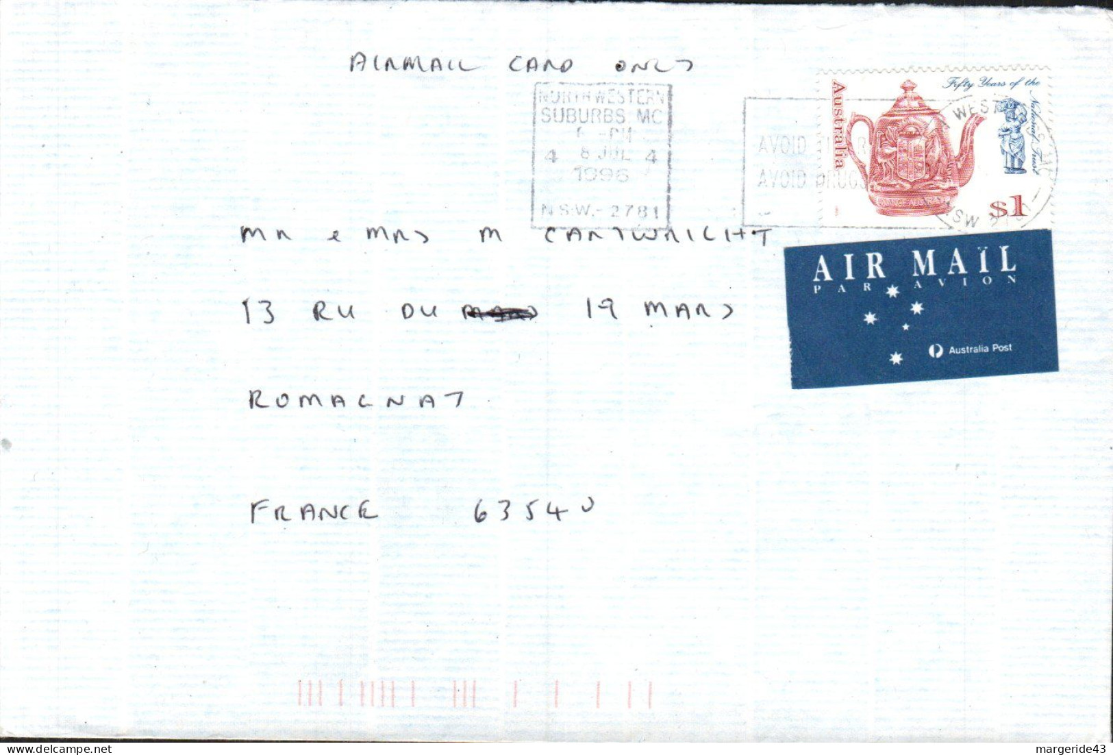 AUSTRALIE SEUL SUR LETTRE POUR LA FRANCE 1996 - Storia Postale