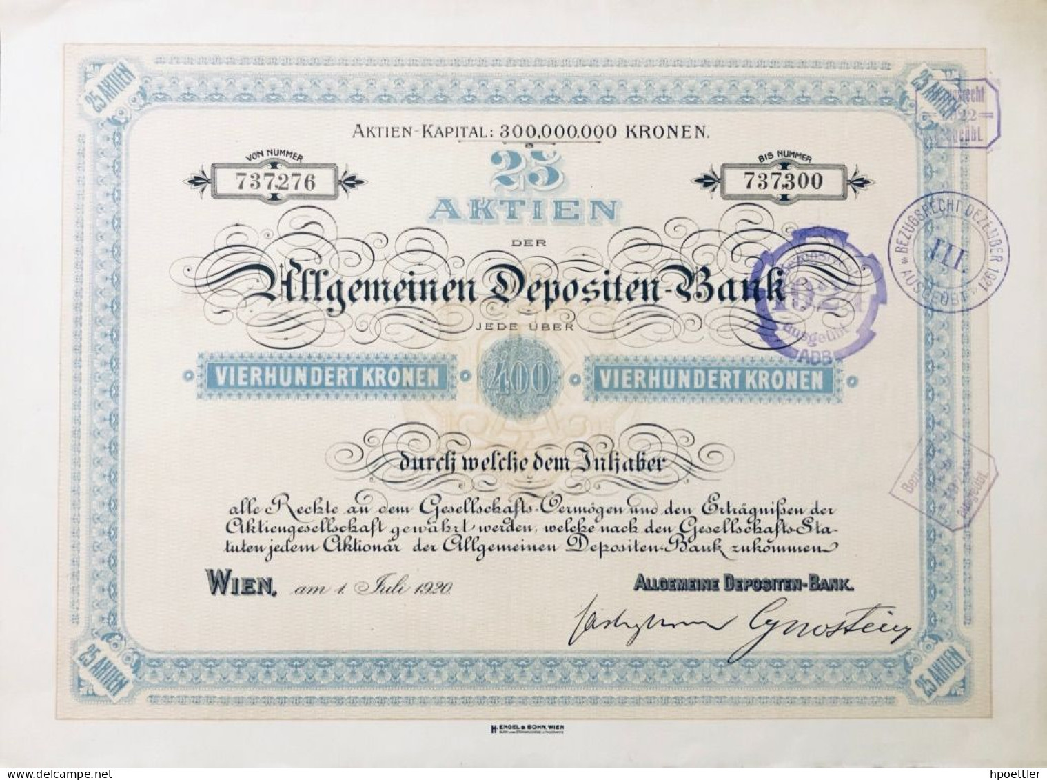 Vienne 1920: Vingt-cinq Actions - Part De La Banque De Dépôt Générale - 10.000 Couronne - Banca & Assicurazione