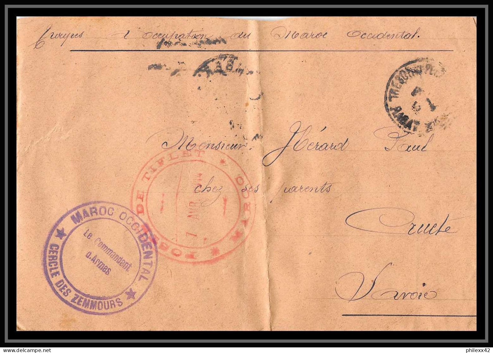 0966 Lot 2 1914/1918 Zemmours Commandant De Cercle Poste De Tiflet 1914 Lettre Cover Occupation Du Maroc - Verzamelingen