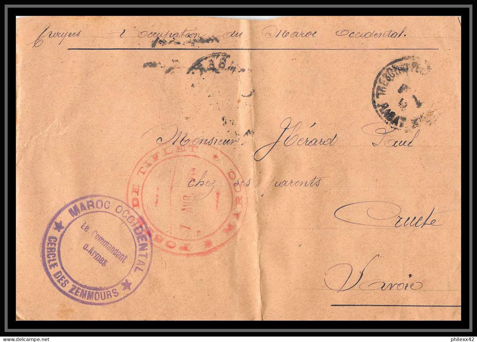 0966 Lot 2 1914/1918 Zemmours Commandant De Cercle Poste De Tiflet 1914 Lettre Cover Occupation Du Maroc - Colecciones