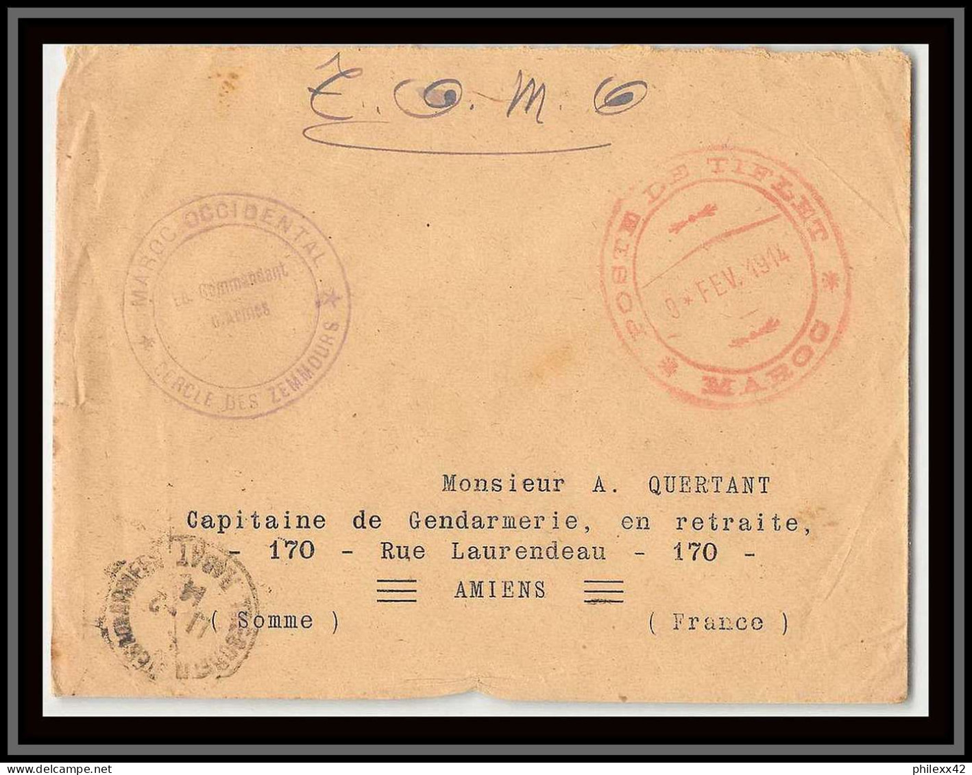 0966 Lot 2 1914/1918 Zemmours Commandant De Cercle Poste De Tiflet 1914 Lettre Cover Occupation Du Maroc - Verzamelingen