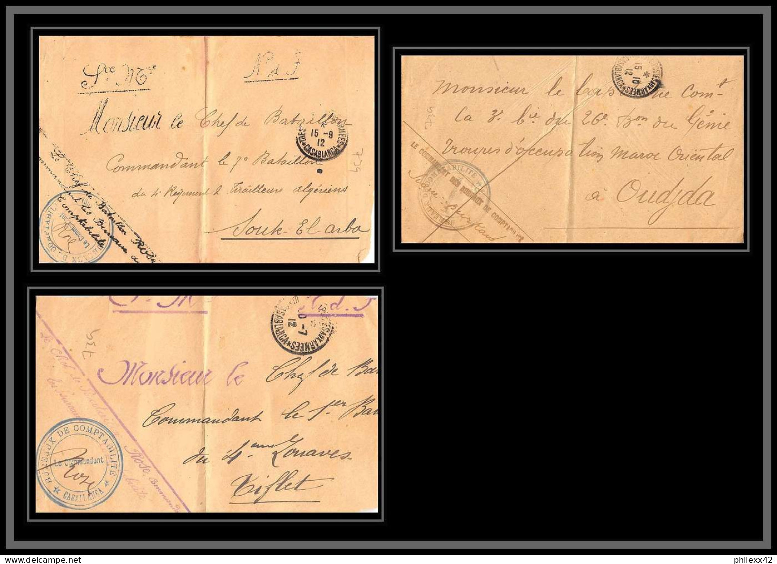 0739 Lot 3 Devants De Lettres Region Chaouia Bureaux De Comptabilité Casablanca Lettre Occupation Du Maroc Signé Rose - Collections