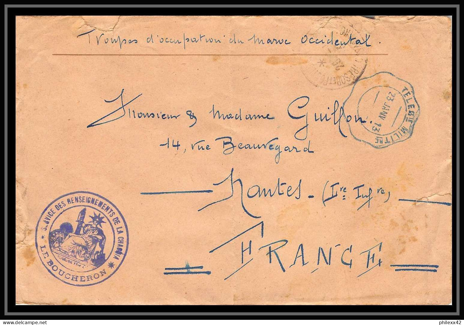 0579 Lot 4 Lettres Boucheron Service Des Renseignements De La Chaouia Lettre Cover Occupation Du Maroc War Pour Nantes - Collections