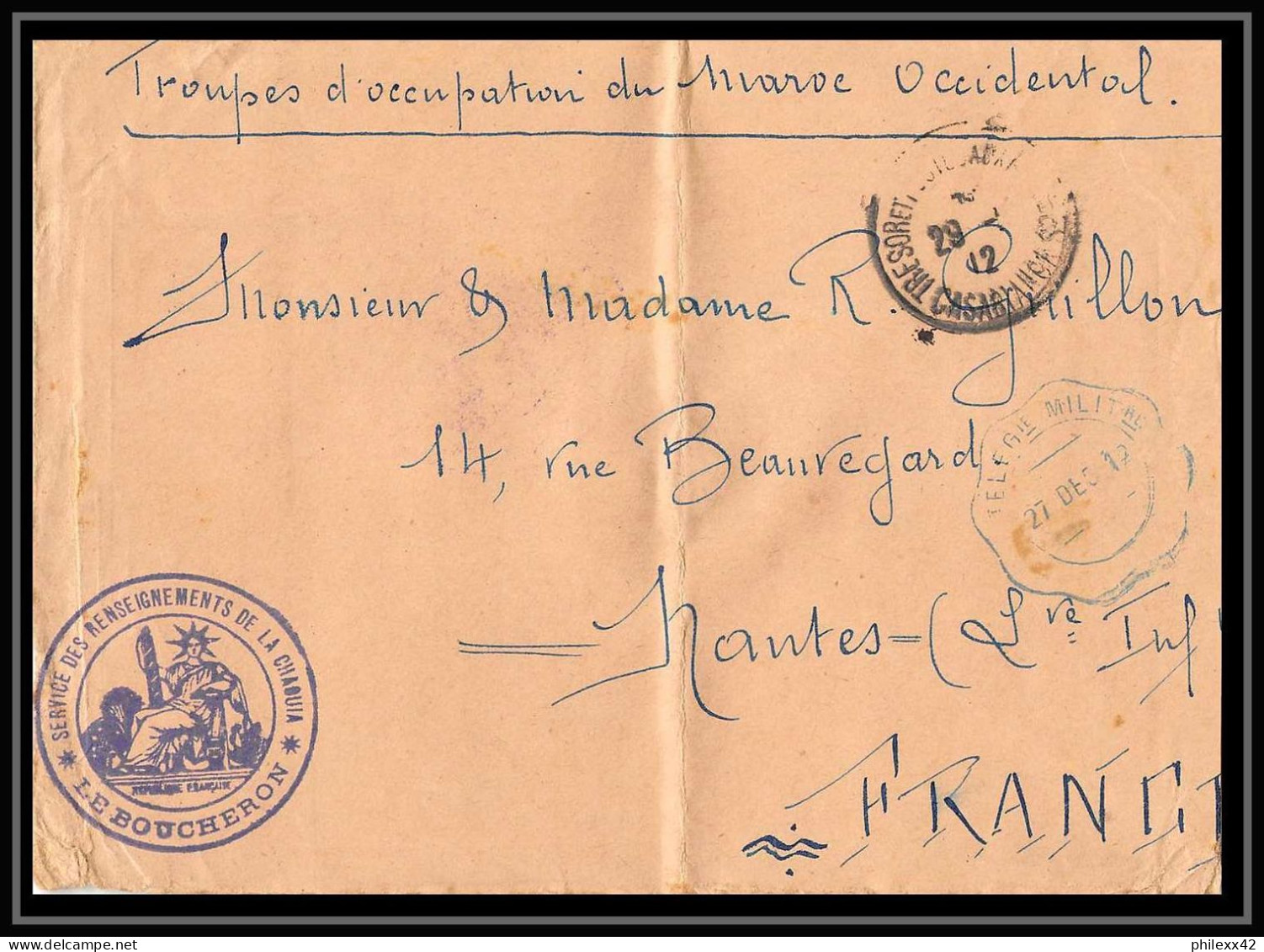 0579 Lot 4 Lettres Boucheron Service Des Renseignements De La Chaouia Lettre Cover Occupation Du Maroc War Pour Nantes - Collections