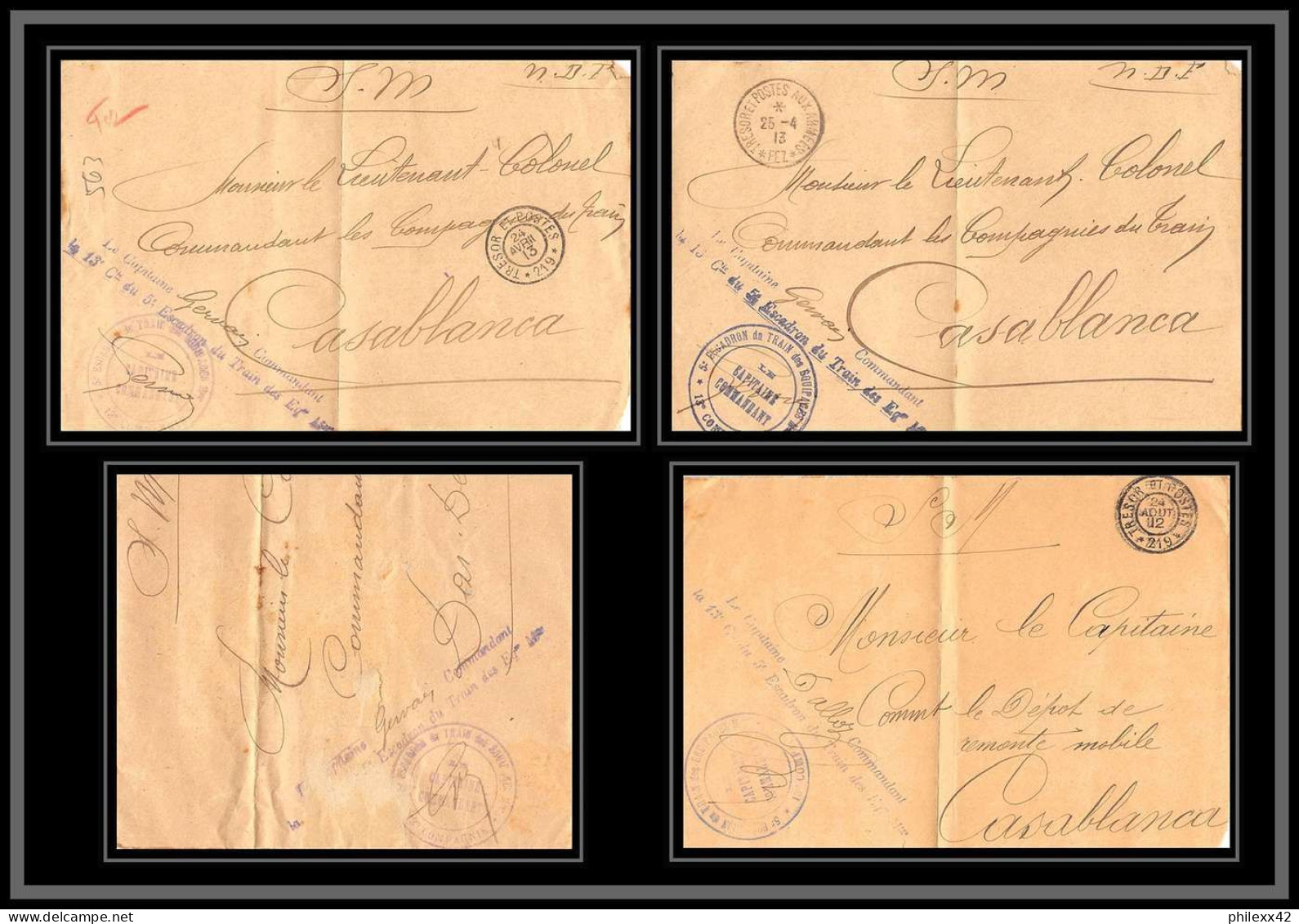 0563 Lot 3 Devants + 1 Region Fez Train Des équipages Militaires Lettre Cover Occupation Du Maroc War 1913 Tous Signé - Verzamelingen