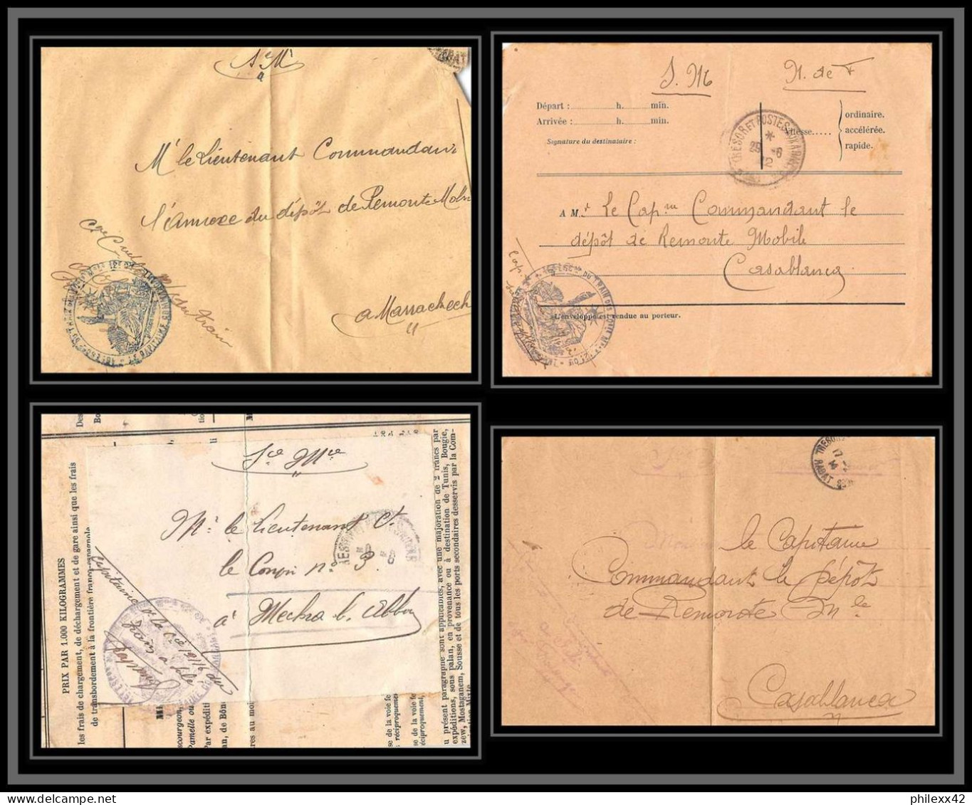 0293 Lot De 4 Documents Région Rabat Train Des équipages Militaires Lettre Cover Occupation Du Maroc War Dont Signés - Colecciones