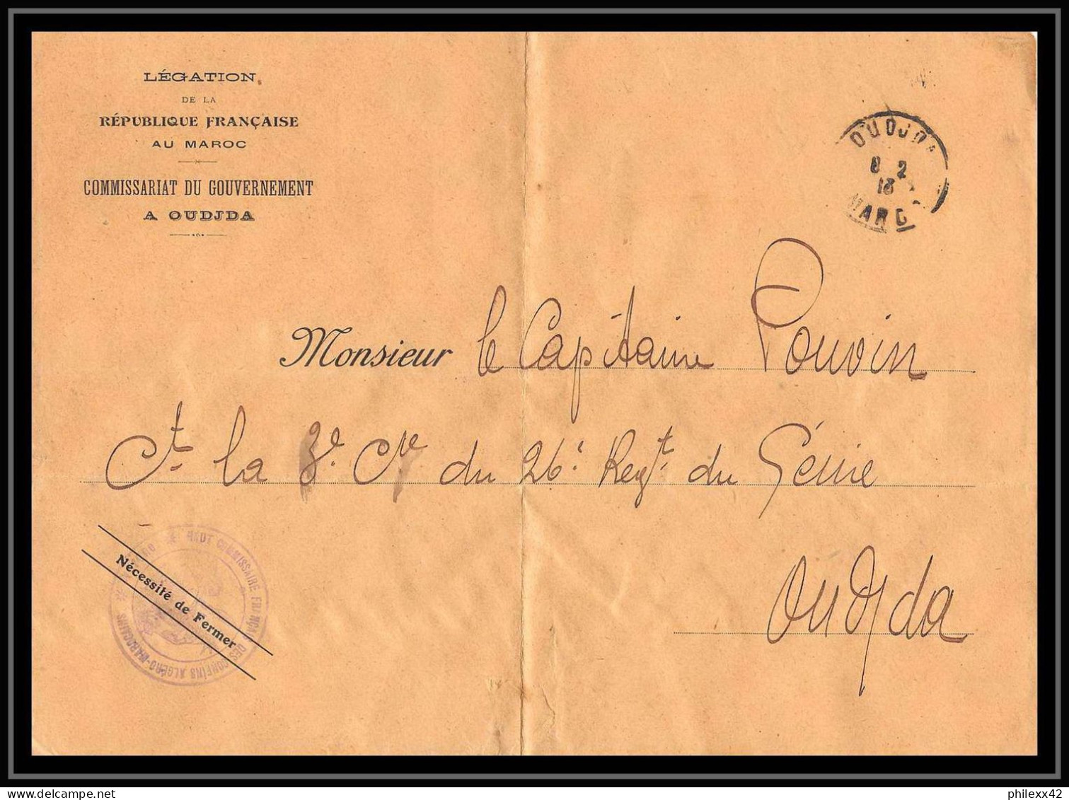 1476 Legation De France Haut Commissariat Du Gouvernement Oudjda 1913 Devant De Lettre Cover Occupation Du Maroc War - Cartas & Documentos