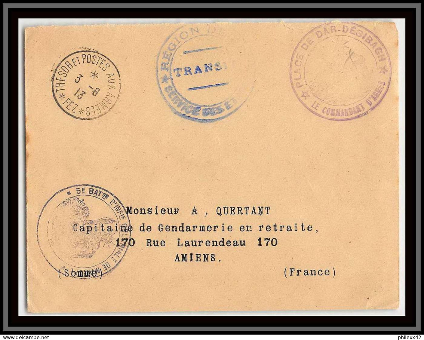 1086 Fez Trésorerie Payeur Aux Armées Transit Service étapes Place Dar Debigah 1913 Lettre Cover Guerre Maroc War - Covers & Documents