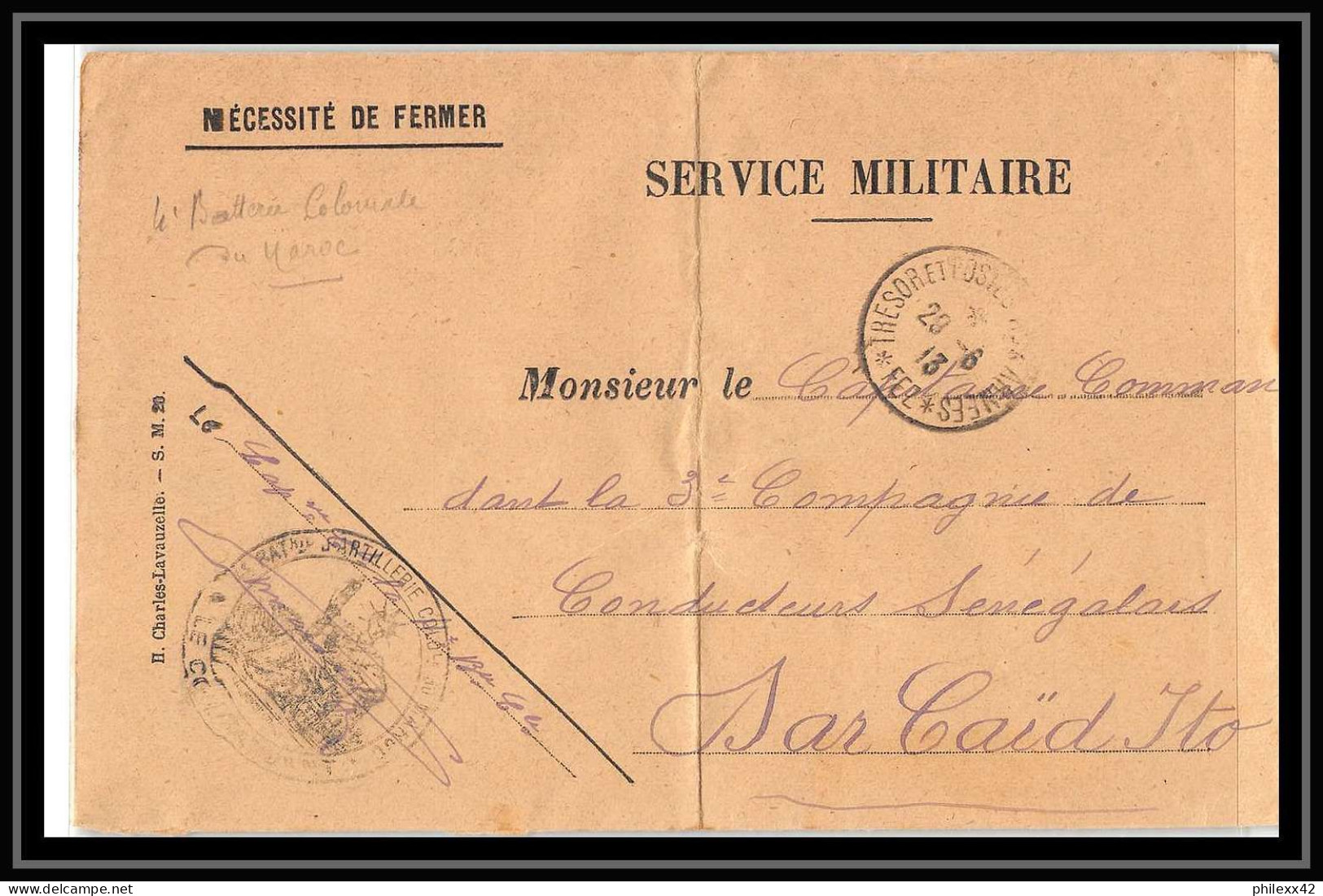 1082 Region Fez Troupes Coloniales Artillerie Pour Conducteurs Sénégalais 1913 Lettre Cover Occupation Du Maroc Signé - Covers & Documents