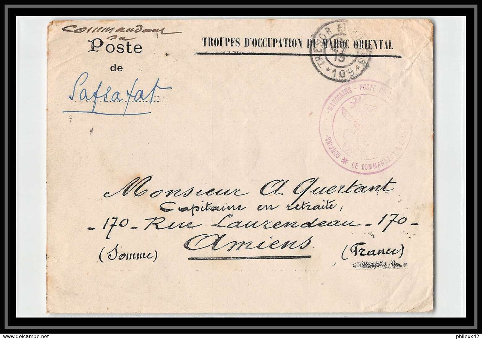 1038 Poste De Safsafat Secteur 109 1913 Lettre Cover Occupation Du Maroc War  - Covers & Documents