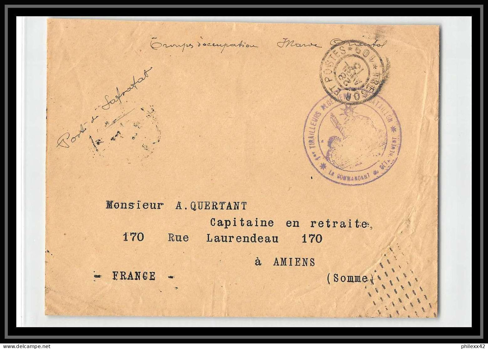 1049 Poste De Safsafat 1er Régiment De Tirailleurs Algériens 1er Batallion 1913 Lettre Cover Occupation Du Maroc Chambon - Covers & Documents