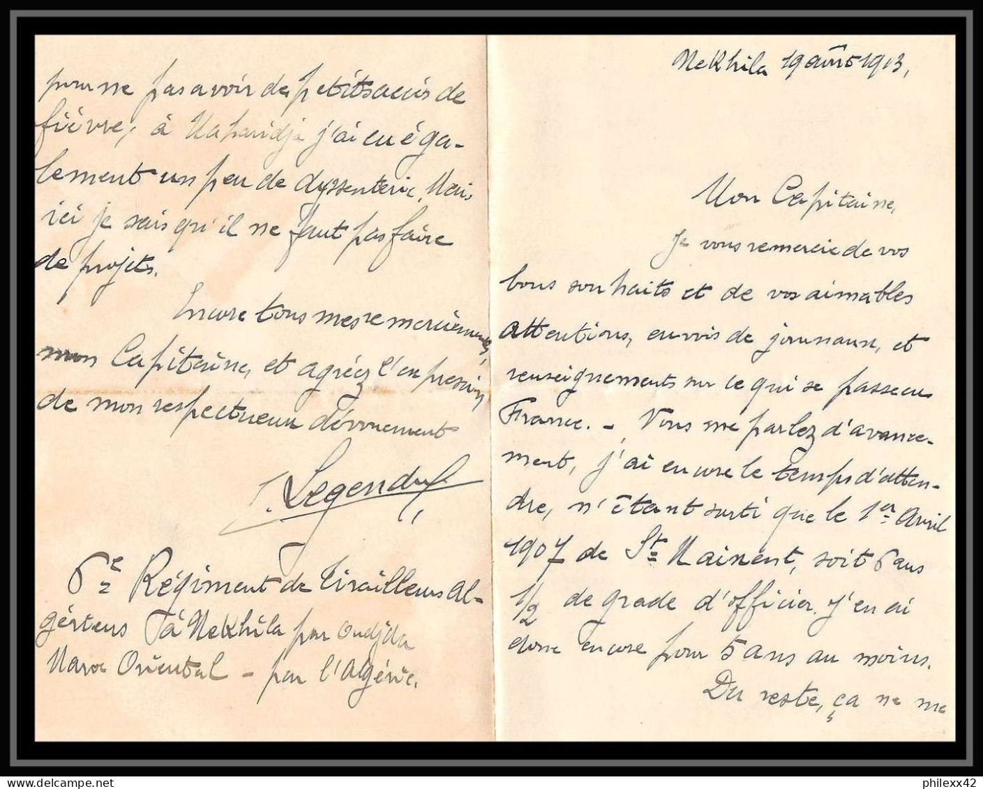 1028 LAC 2ème Régiment De Tirailleurs Algériens 4ème Bataillon Poste De Nekhila 1913 Lettre Cover Occupation Du Maroc - Covers & Documents