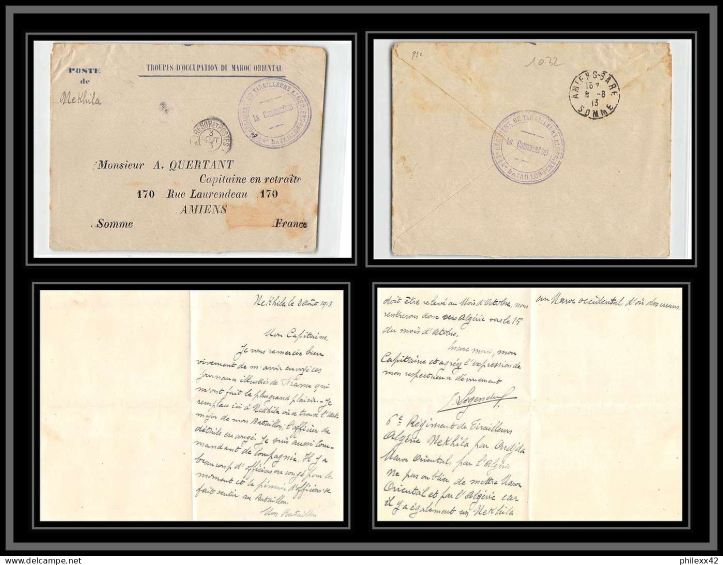 1032 LAC 6ème Régiment De Tirailleurs Algériens 4ème Bataillon Poste De Nekhila 1913 Lettre Cover Occupation Du Maroc - Covers & Documents