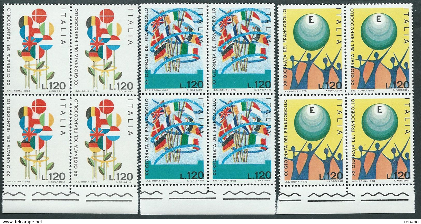 Italia, Italy, Italien, Italie 1978; Giornata Del Francobollo, Serie Completa. 3 Quartine Di Bordo Inferiore. - Giornata Del Francobollo