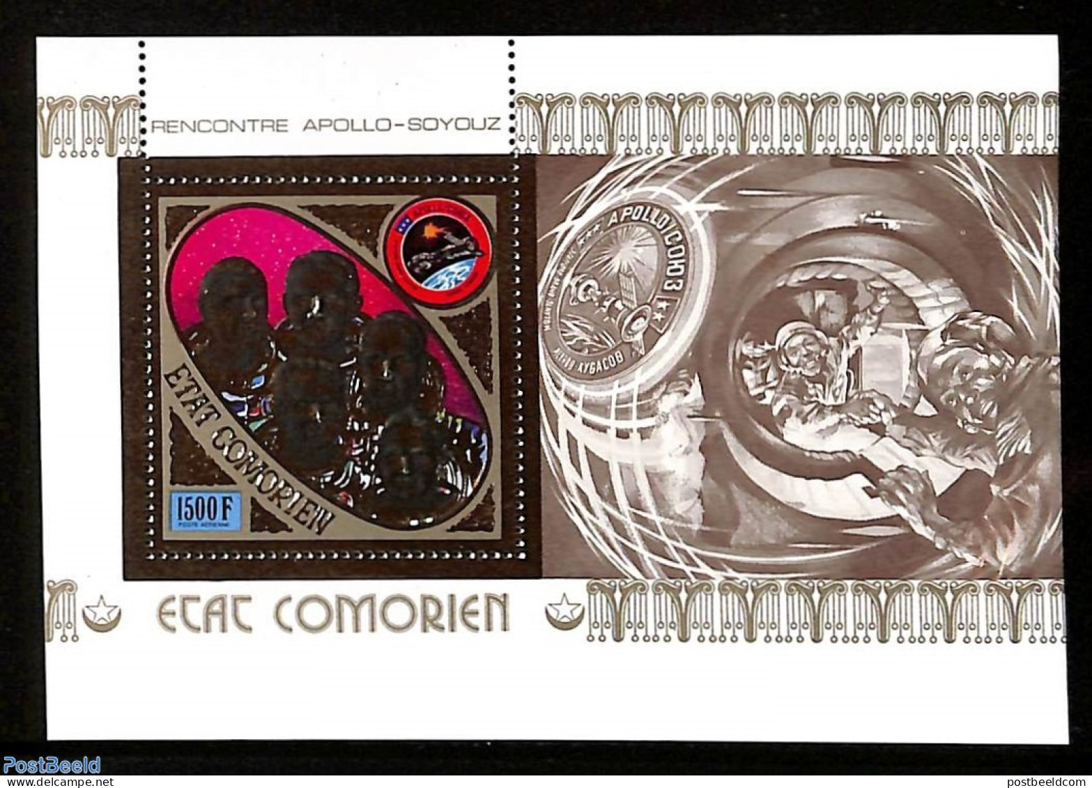 Comoros 1975 Apollo-Soyuz S/s, Gold, Mint NH, Transport - Space Exploration - Comores (1975-...)