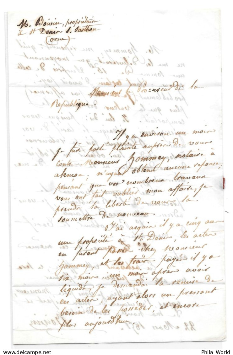 LAC 1851 Lettre France Destinataire Procureur République ALENCON Orne - 1849-1876: Periodo Classico