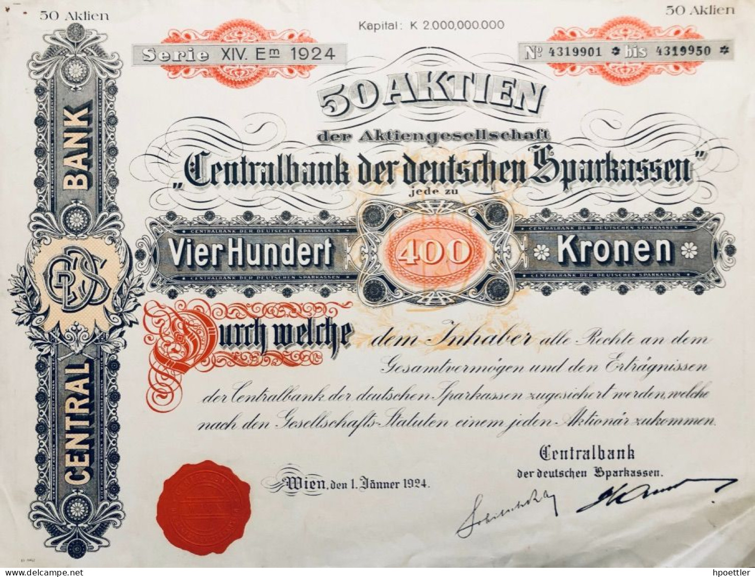 Vienne 1924: Cinquante  Actions - Centralbank Der Deutschen Sparkassen - 20.000 Couronne - Bank En Verzekering