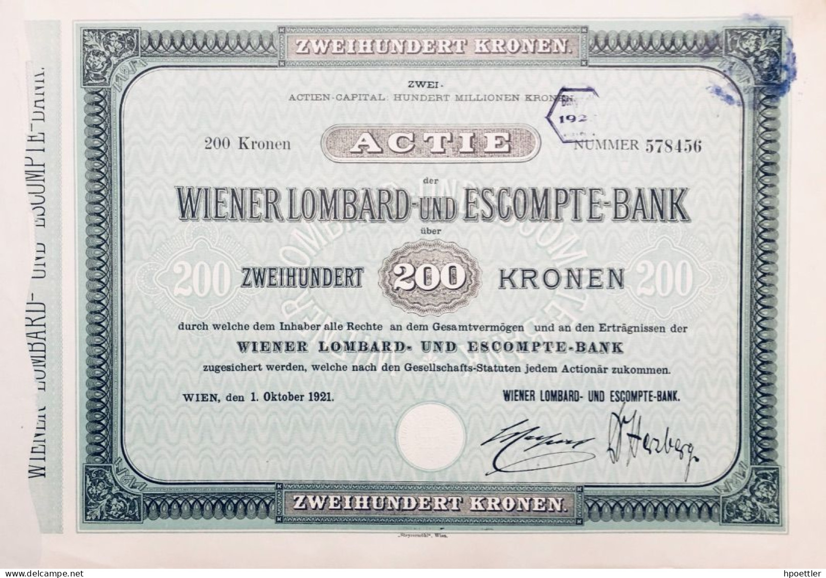 Vienne 1921: Une  Action - Wiener Lombard- Und Escompte-Bank 200 Couronne - Bank & Versicherung