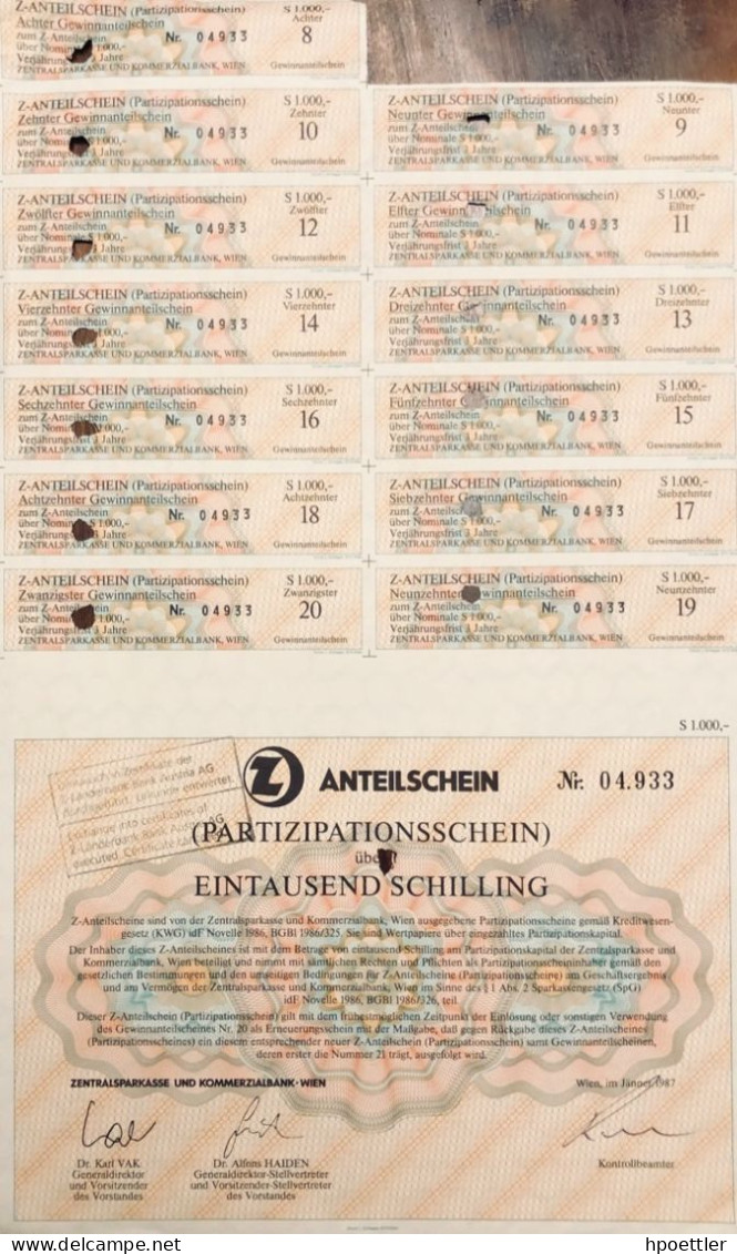 Vienne 1987: Certificat D'actions - Zentralsparkasse Und Kommerzialbank 1.000 Schilling - Bank & Versicherung