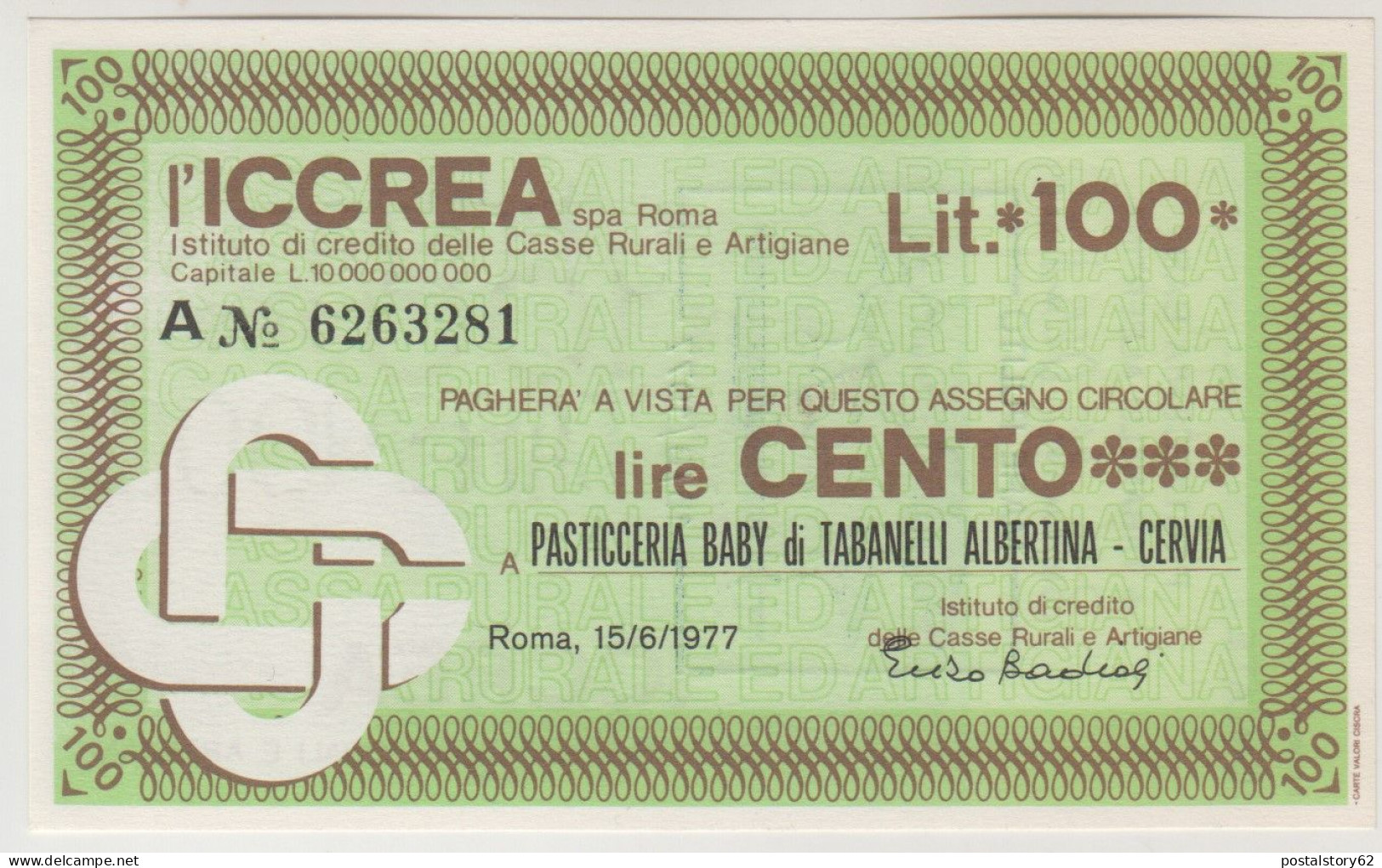 Mini Assegno Circolare Oggetto Vintage Anni 70. Lire 100 Pasticceria Baby CERVIA  FDS - Chèques & Chèques De Voyage